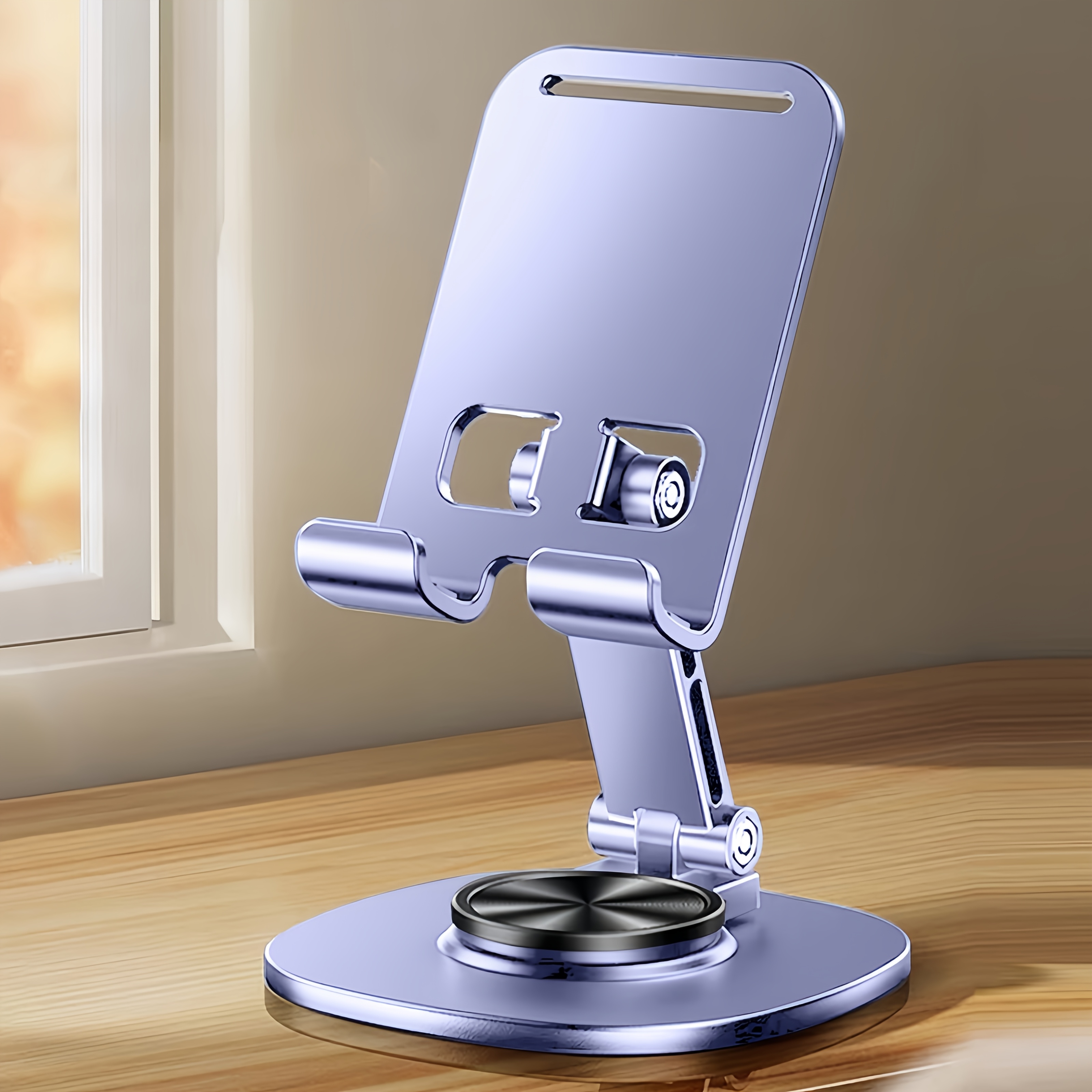 High-quality Desktop Phone Stand: Features Padding For Stability, 360° Rotating Base, Foldable For Portability, Features Soothing Mechanical Sound