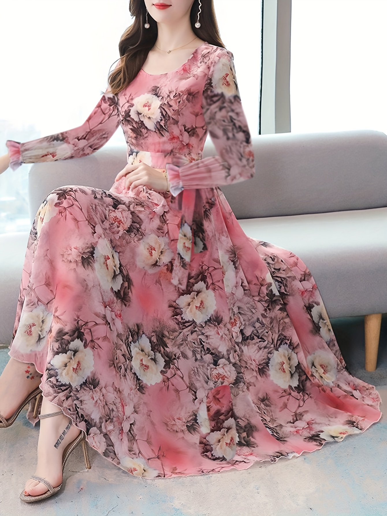 Women's Elegant Peony Floral Print Long Sleeve Dress A-Line Round Neck  Chiffon, Machine Washable Versatile for Casual Formal Occasions,
