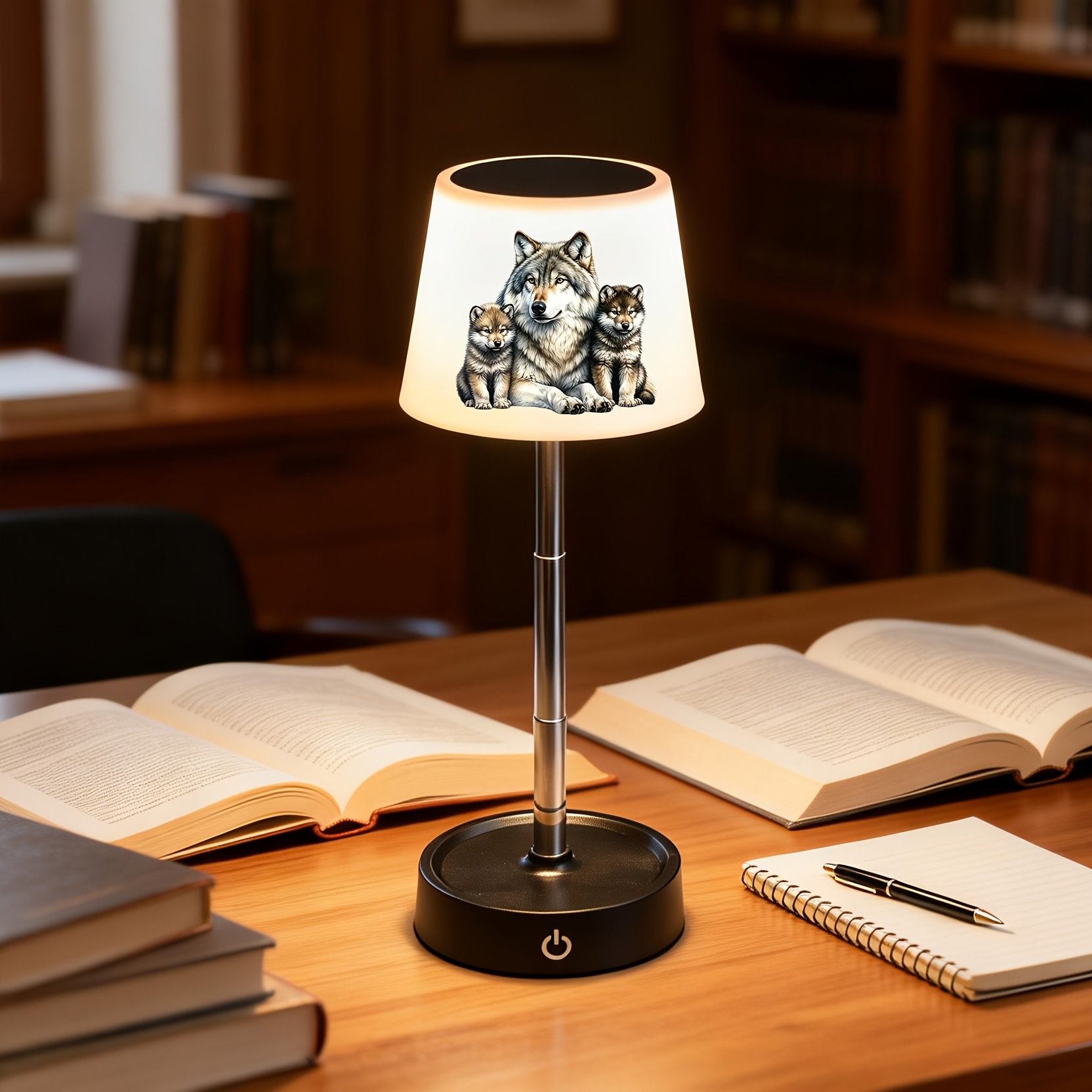 Realistic Grey Wolf with Two Cubs Print Office Lamp, Rechargeable Dimmable