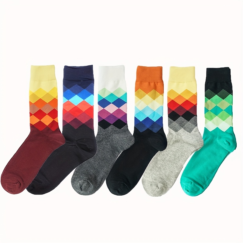 6-pair Mixed- Novelty Striped Patterned Crew Socks, Breathable And Comfortable For Casual Wear, Unisex, Suitable For Men's Outdoor Wear, British- Gradient Mid-calf Socks