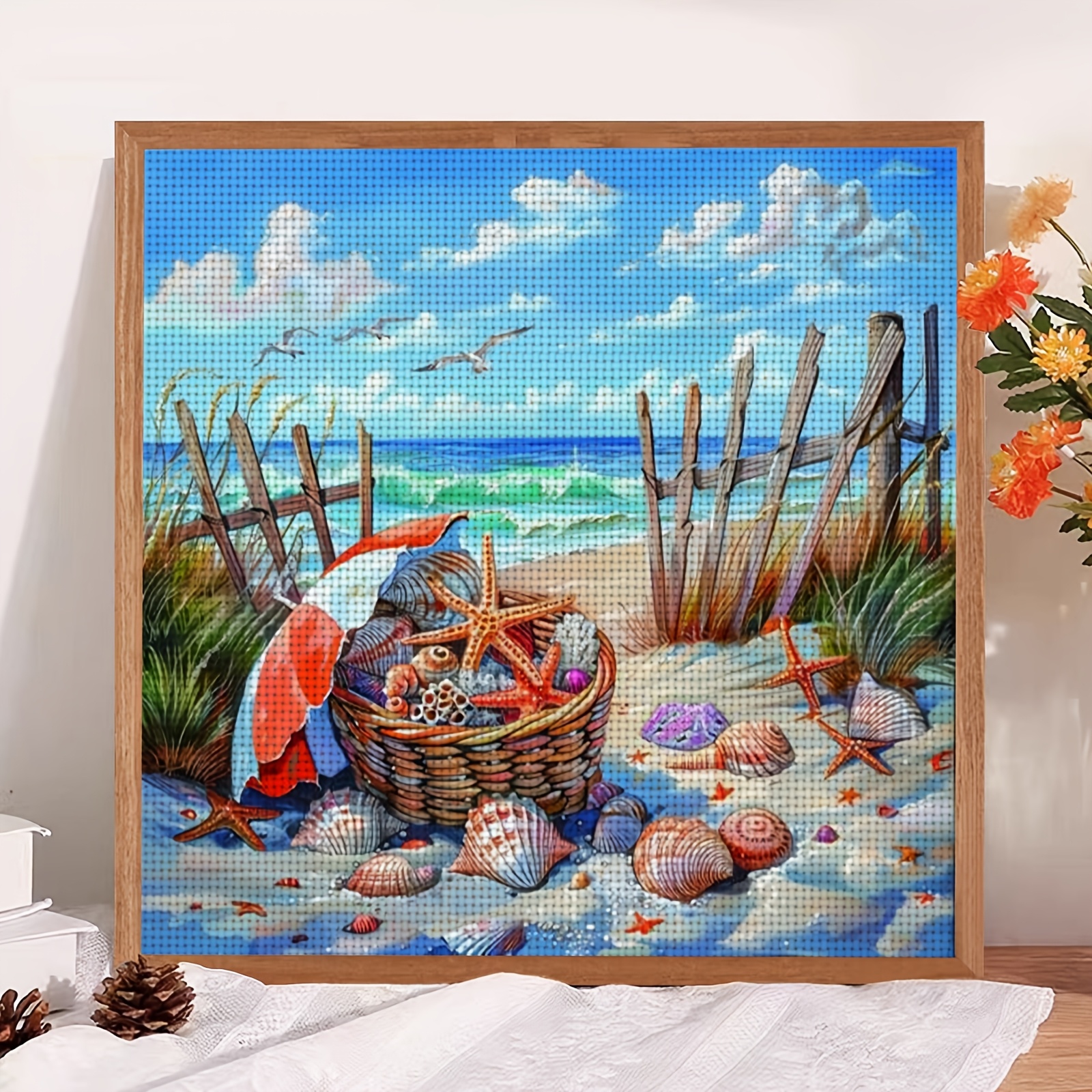 Cross-Stitch Printing Kit Featuring 'Beach Shell Starfish Basket' Design