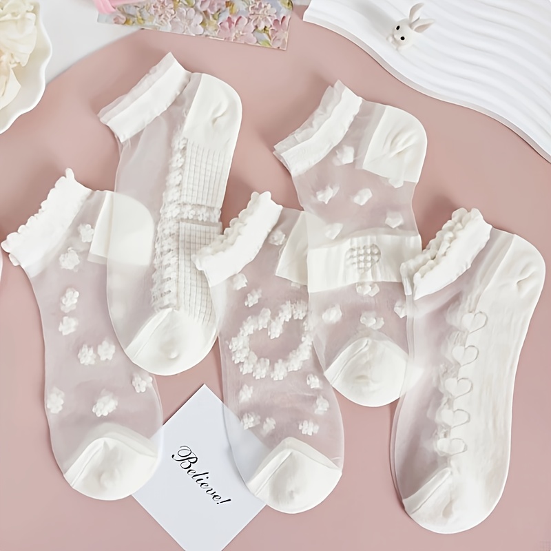 E-shop 5/10 Paar dünne japanische Spitzensocken, Damen Eisboot-Socken, kurze Sommer-Spitzensocken, süße, durchsichtige Strumpfhosen, kurze