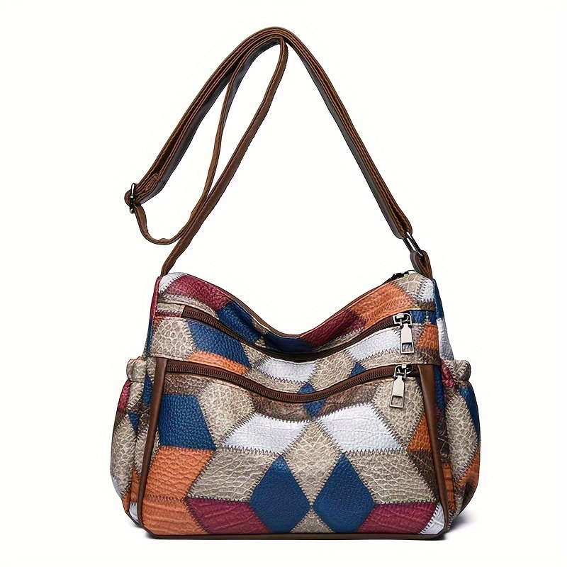 

Sac à bandoulière colorblock pour femme, grand sac à main à bandoulière, sac messager élégant en cuir PU avec bandoulière réglable