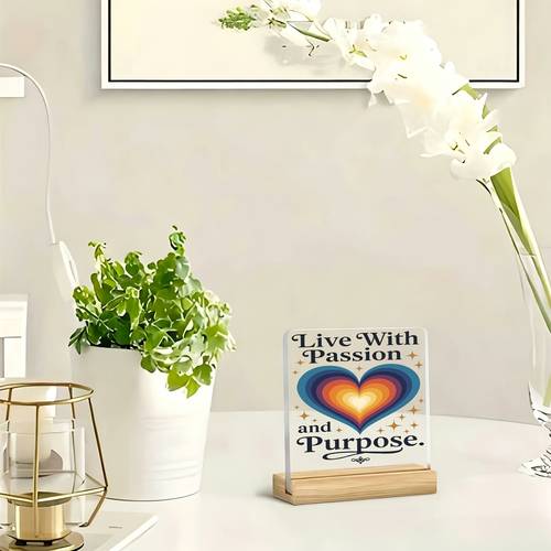 1pc colorful heart live and purpose standing ornament paperweight inspirational slogan warm slogan acrylic ornament home decor with wooden base paperweight office desktop ornament supplies party decoration supplies