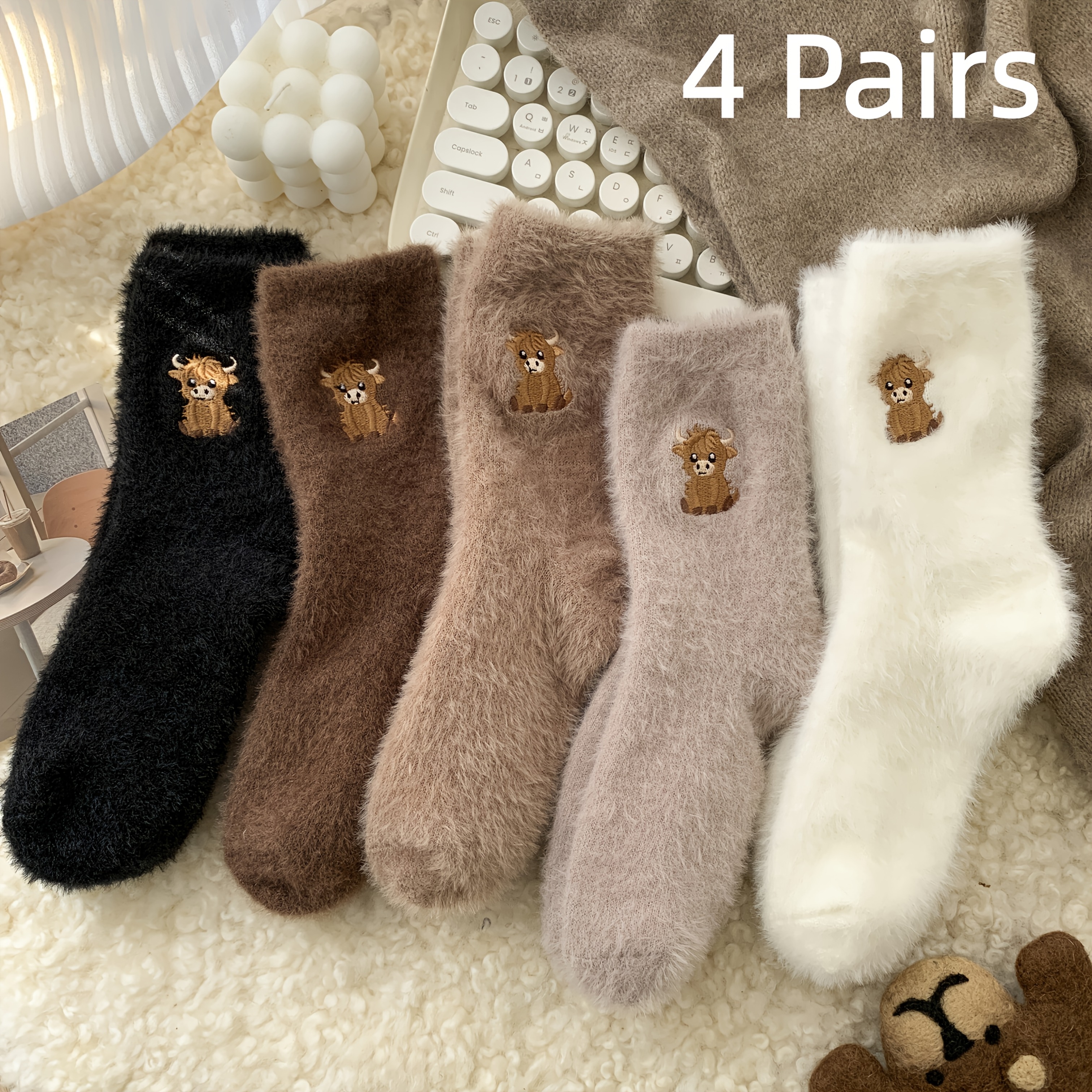 Image of 2/4 Pair Women's Cow Embroidered Plush Socks, Winter Thickened Warm Socks, Cold Protection Warm Floor Socks, Coffee Color Cartoon Socks, Suitable For Indoor And Outdoor Wear, Random Colors