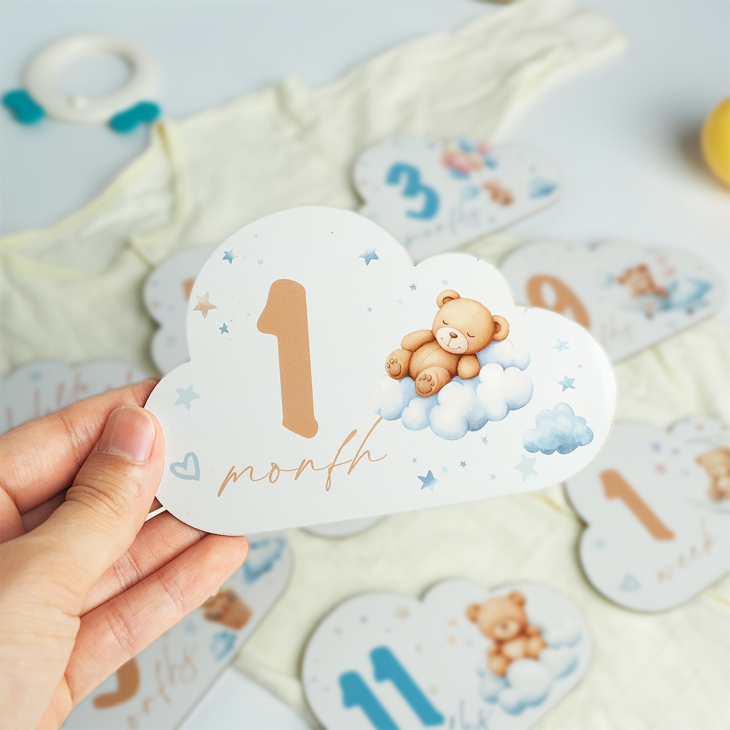 TEMU Adorable Bear Cartoon Birth Milestone Commemorative Card Set - Double-sided, Personalized Photography Backdrops For 1 Month To 12 Months,
