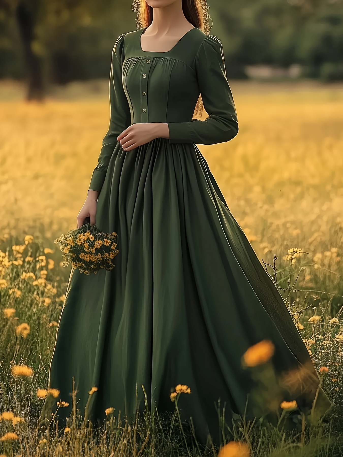 Women'S Vintage French Country Dress Elegant A-Line Maxi Dress with Waist  Definition, Long Sleeve Formal Casual Outfits in Emerald Green for Spr