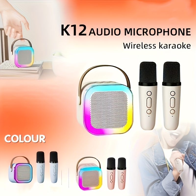 kids mini karaoke machine with wireless microphone and led light wireless speaker with 2 wireless microphones and led portable karaoke machine set usb rechargeable 18650 lithium battery suitable for family parties and christmas birthday gifts details 3