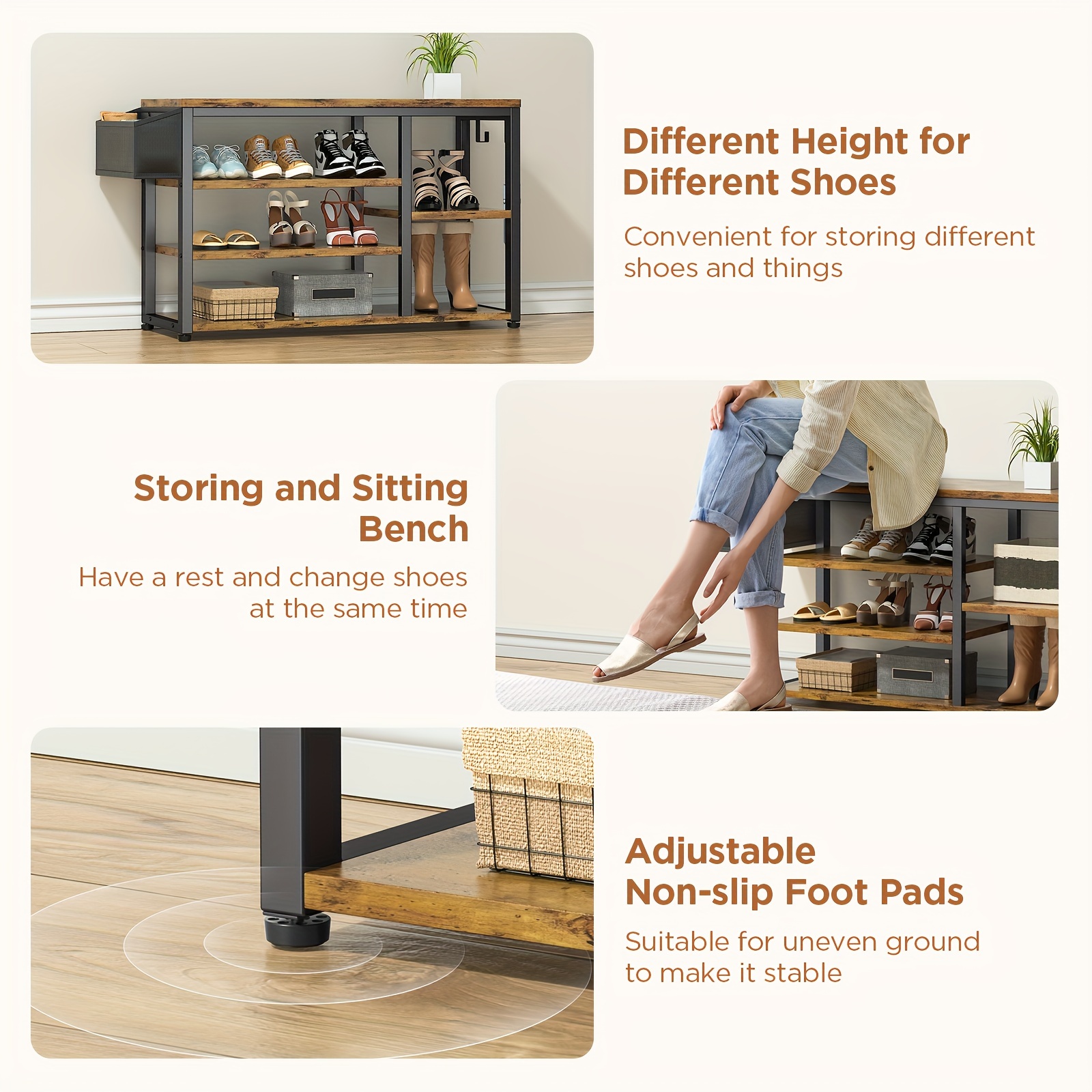 Hall Tree Shoe Bench With Storage, In Coat Rack Set, Industrial Bench  With Hooks, Storage Shoe Cubbies, For Entryway, Hallway, Rustic Brown