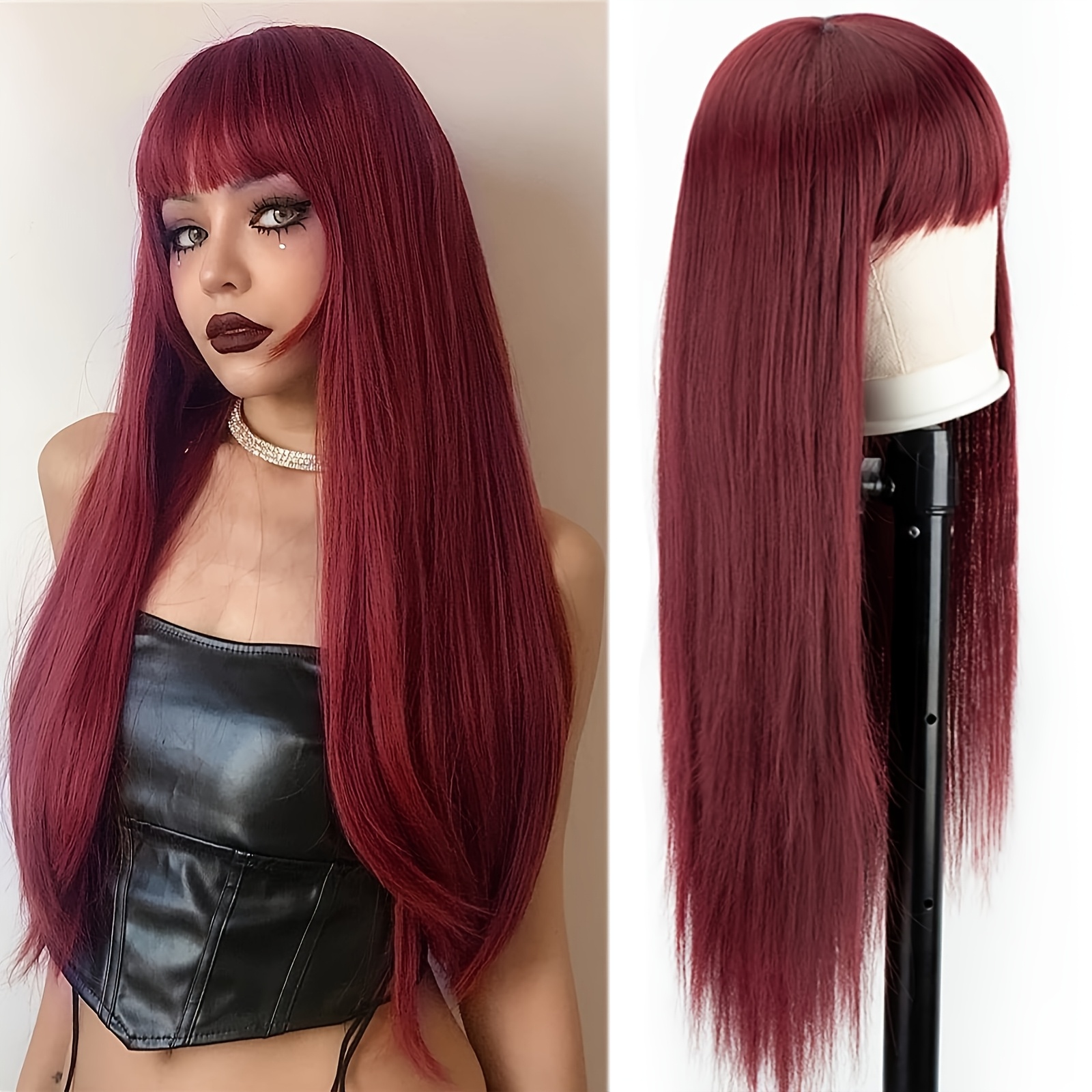 Temu Boucles Rouges 28 "Perruque De Cheveux Droits Mode TempéRament Perruque Perruque De FêTe Quotidienne Perruque De FêTe De NoëL-image