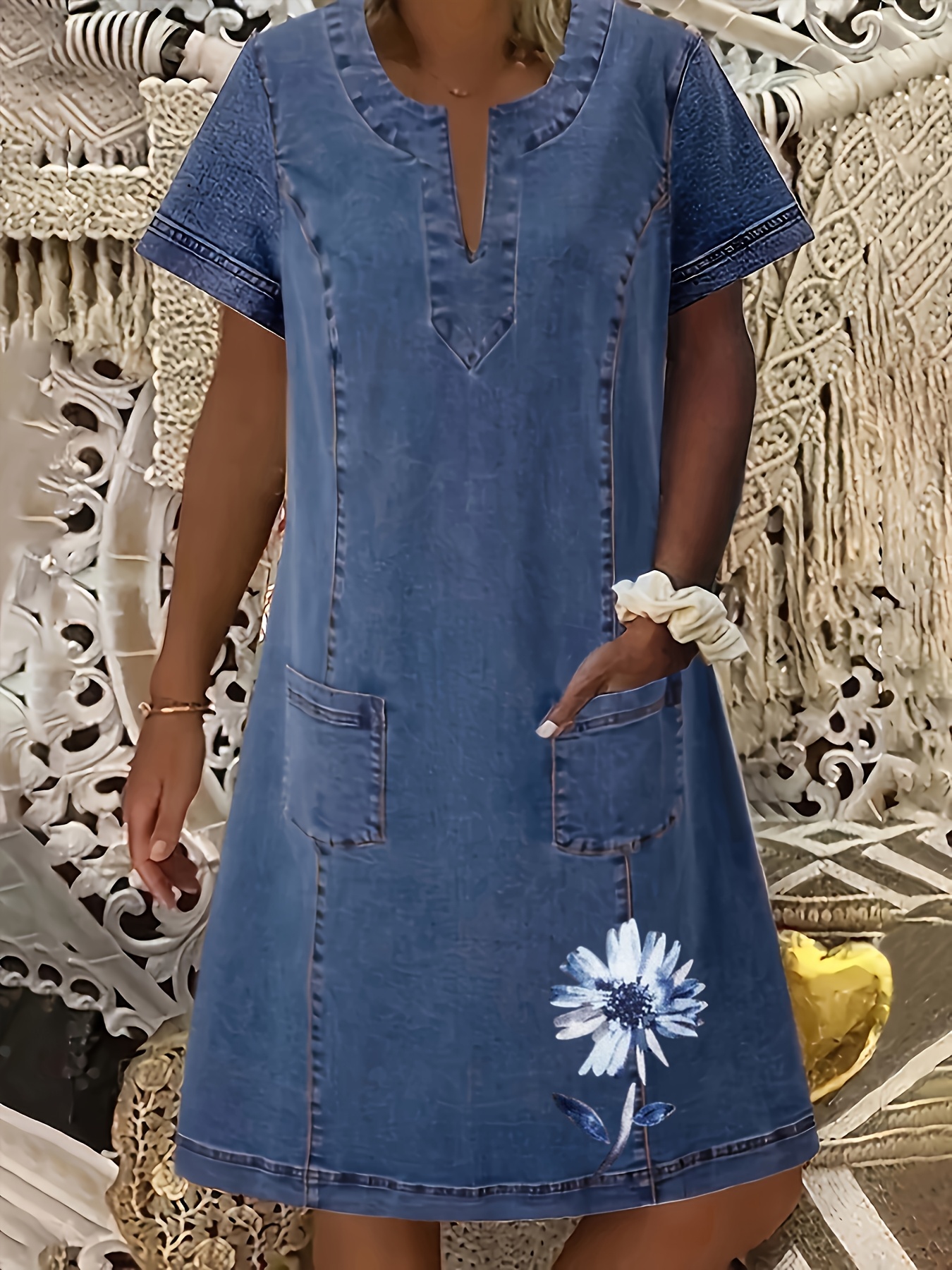 Women's V-Neck Short Sleeve Denim Dress with Floral Print Side Pockets  Fitted Casual Elegant Style, Machine Washable Relaxed F