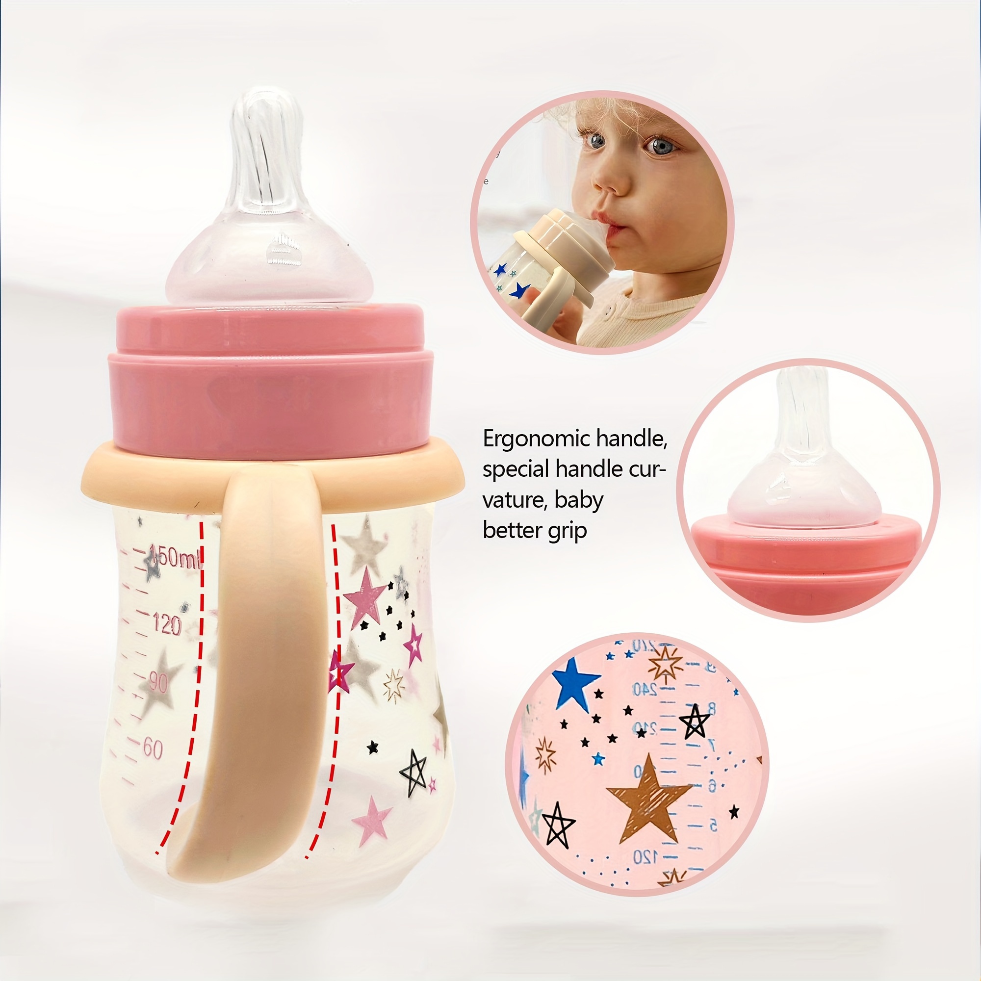 330ml large capacity bottle wide diameter with handles fall resistant pp bottle cartoon star pattern feeding bottle details 3