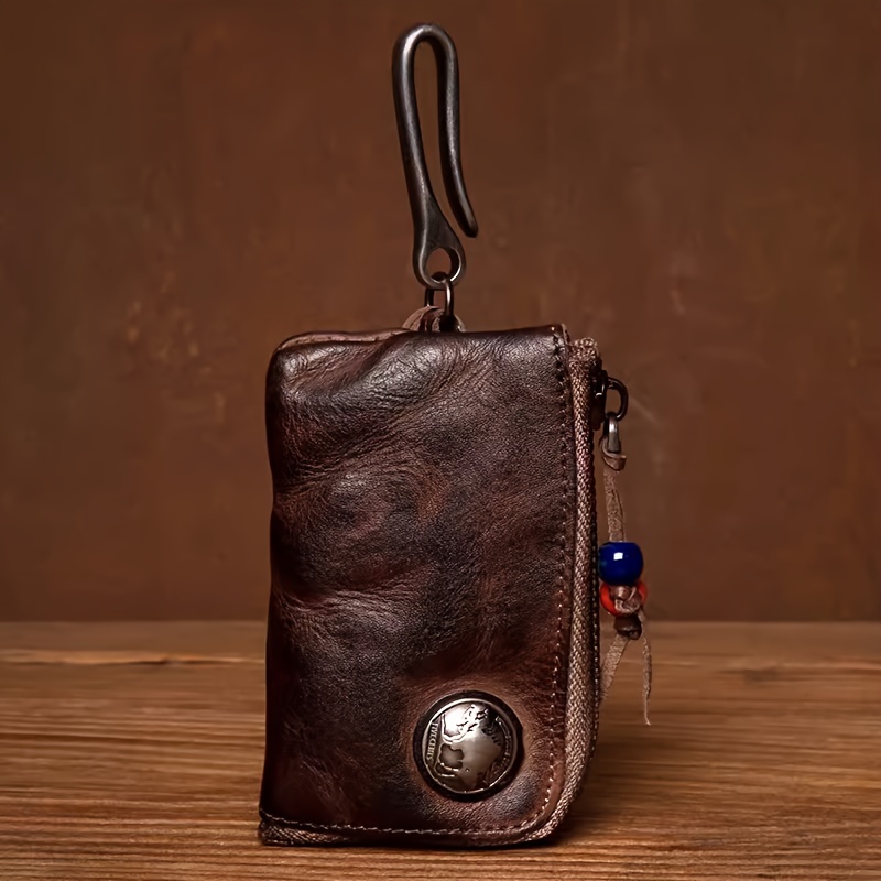 Vintage Handmade Top Layer Vegetable- Cowhide Key Pouch, Multifunctional Genuine Leather Coin Purse And Card Holder