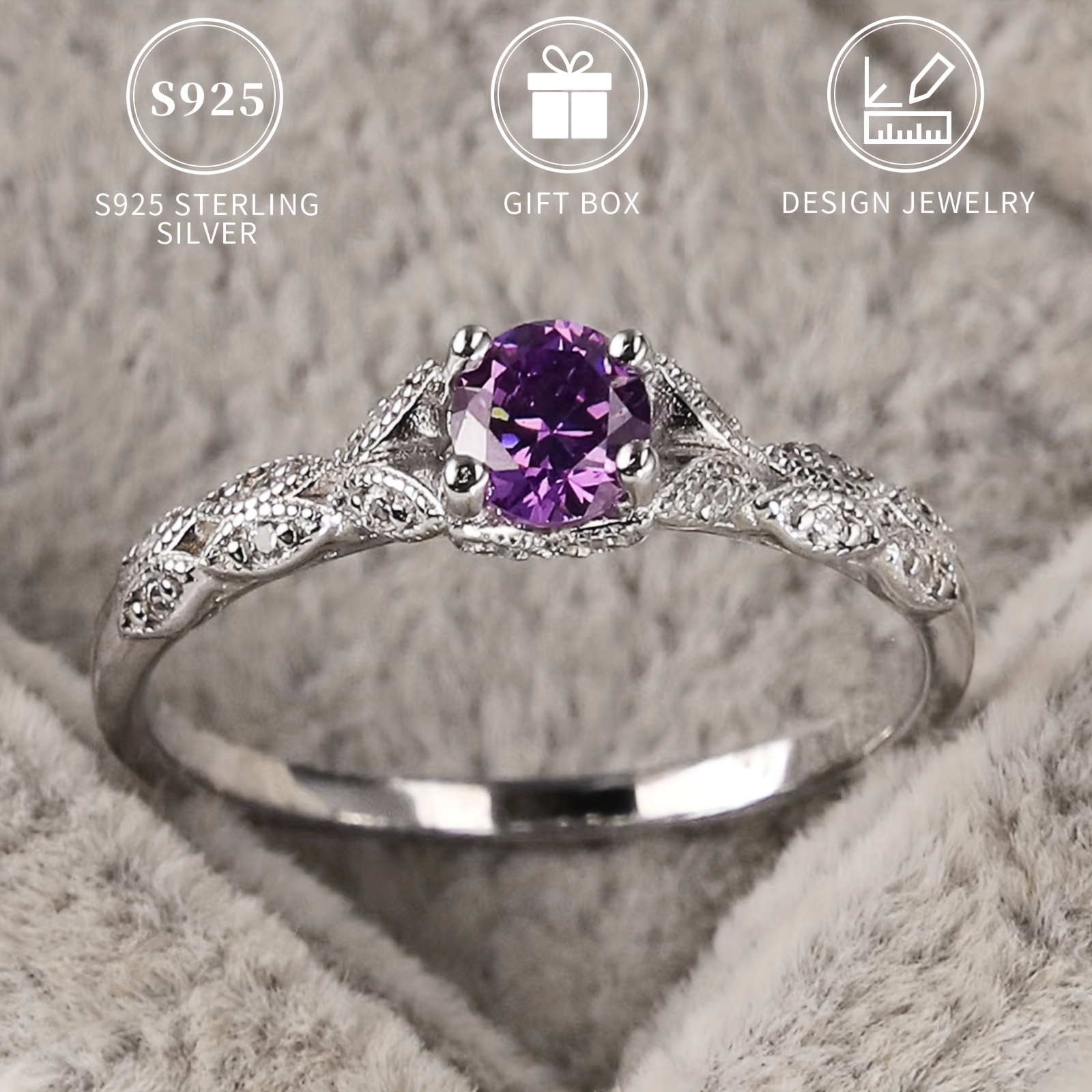 

925 Pure Silvery Anniversary Elegant Ring With Purple Gemstone, Hypoallergenic And Nickel-free, Brides And , High-quality Women's Ring Jewelry, Gift For Lovers , Gift Box Included