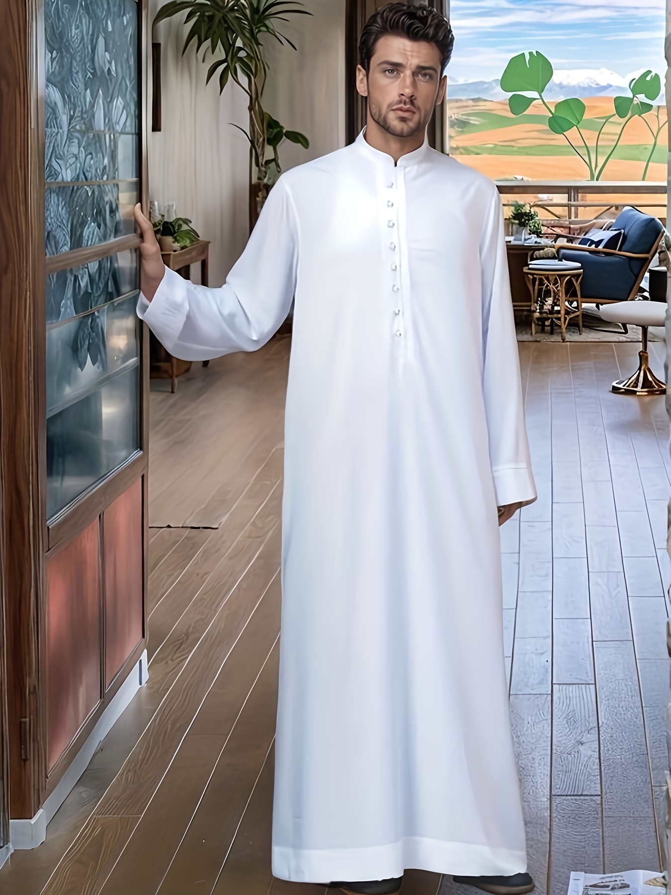 *'s Arabic Thobe - Traditional Muslim Robe with * Collar & Long Sleeves,  Loose Fit Solid * Button Front Closure * Modest Attire for Prayer & Casual  Wear, Detailed Button Design, Gift for Eld, Gift for ...