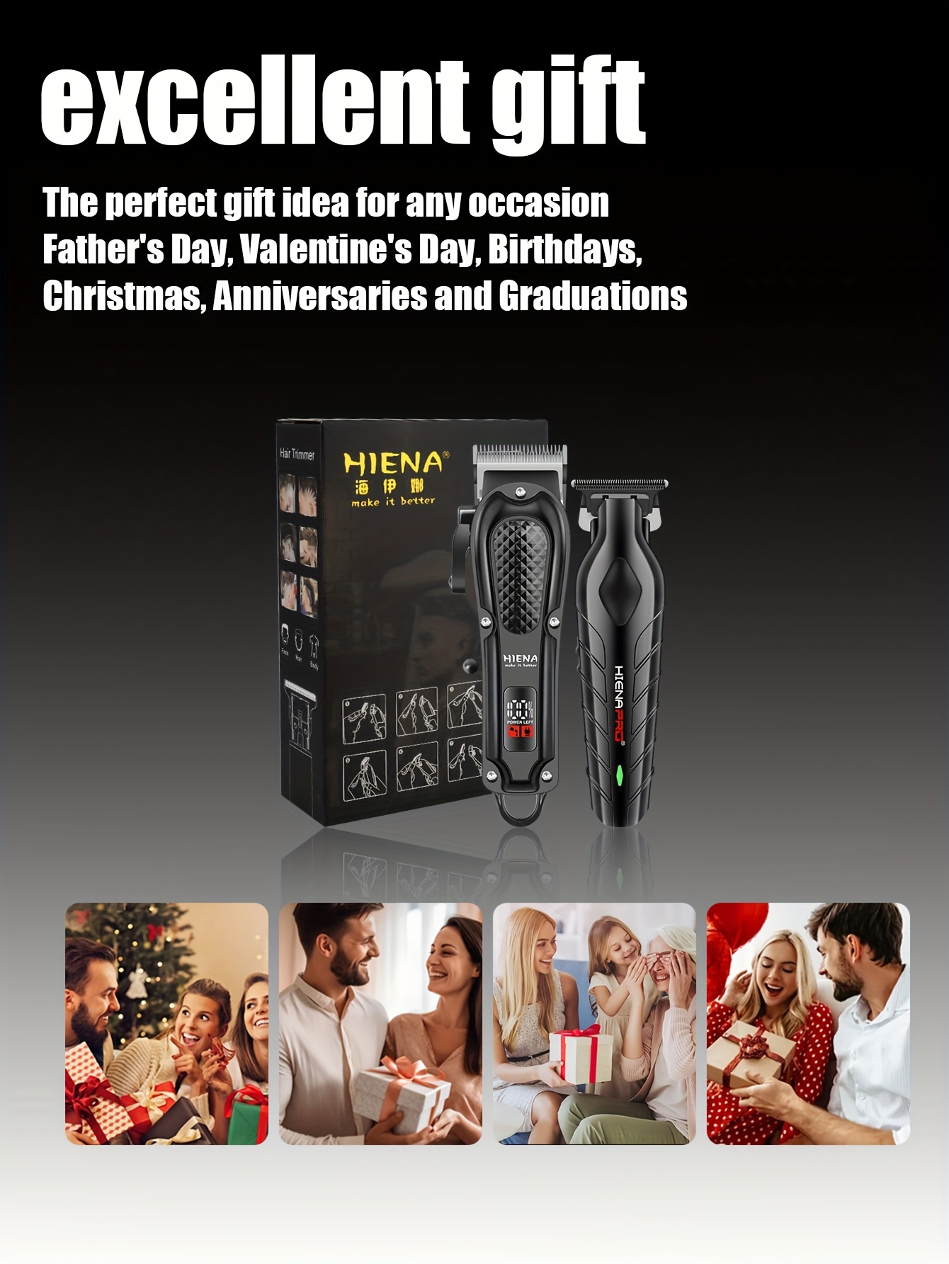 HIENA PRO Men's Electric Hair Clipper Set - Sleek Black Beard Trimmer with LCD Display, T-Blade, USB Rechargeable, 1500mAh Lithium Battery, Includes Multiple Comb Attachments for Styling & Grooming - Ideal Gift