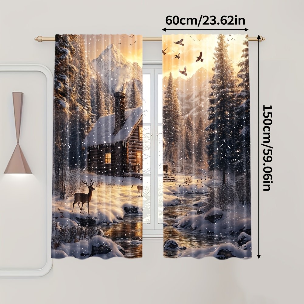 TEMU 2pcs Curtains - Snowy Woods, Deer & Scene - Semi-sheer Filtering Light Privacy - Rod Pocket Window Drapes For Living Room, Bedroom, Office -