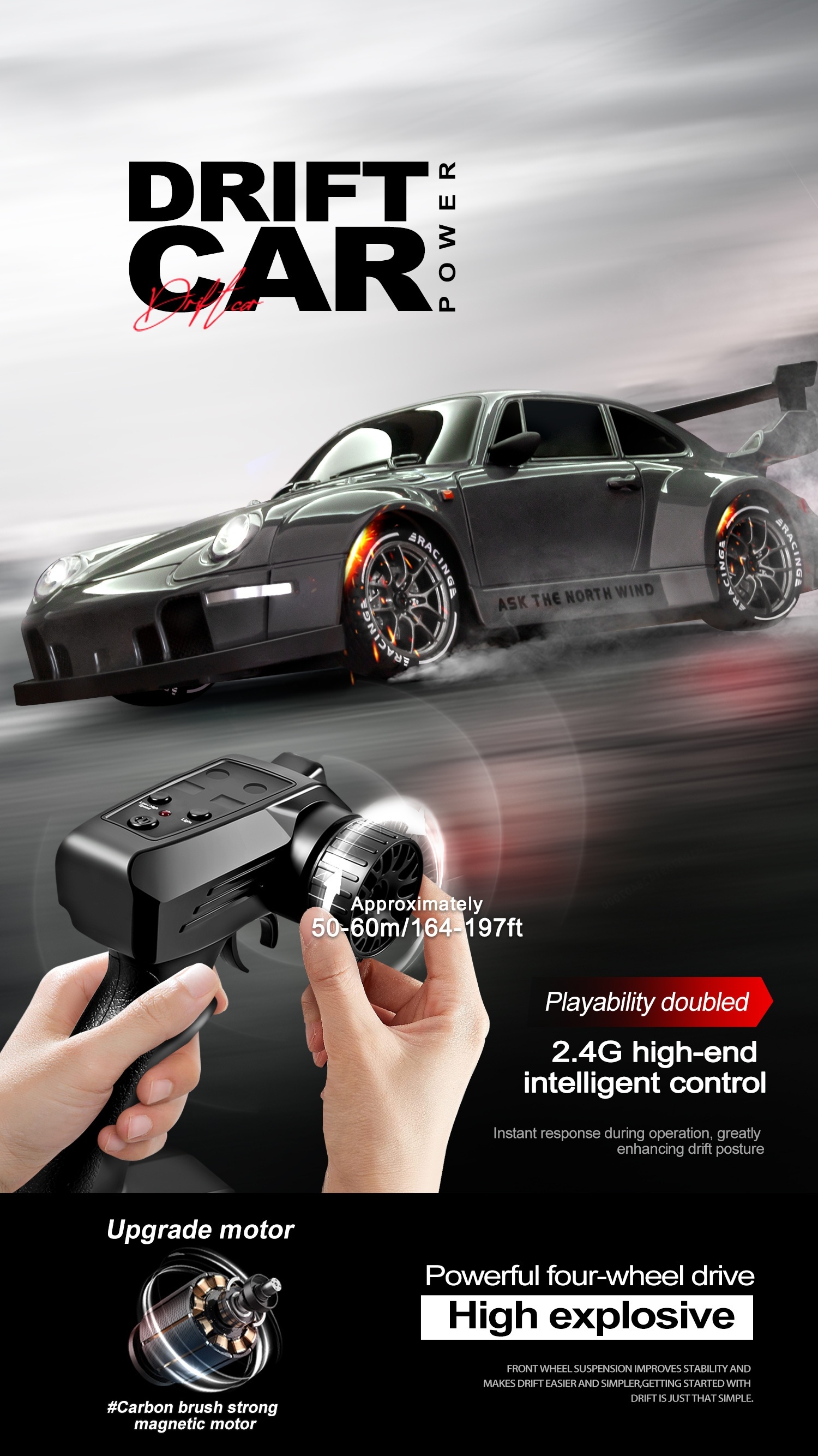 RC Drift Racing 1:24 Scale RC Car, 2.4G Remote Control Car, 20+Km/H High Speed Racing Car, Drift Car, with Drift Tires, Obstacles And Lights, Suitable for Christmas, Highspeed Rc Car, Drift Racing Car, Sleek Rc Car, Sporty Design, Hightech Construction, Lightweight Rc Vehicle, Remotecontrolled Drift Car, Fast Electric Rc Car, Rc Hobbyists, Speed Lovers