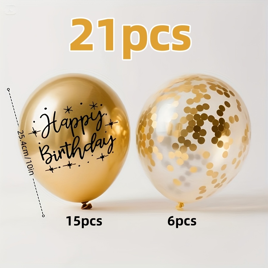 TEMU 21pcs Golden 'happy Birthday' Balloons, Metal Golden And Golden Confetti Balloons, Birthday Party Decorations, Suitable For Birthdays, Gender