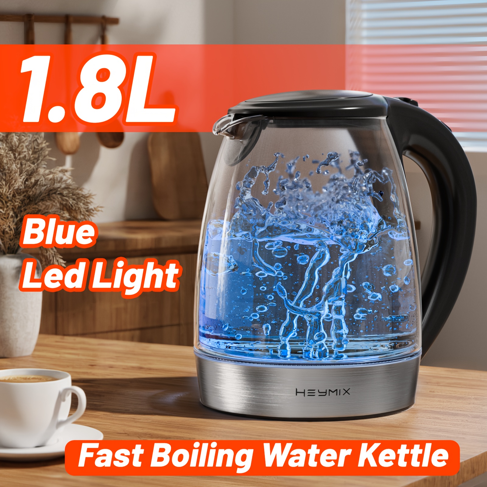 TEMU Boiling Water Kettle 1.8l Electric Kettle For , Glass Kettle, Stainless Steel & Glass, 2200w Hot Water Boiler With Blue Led, Water Boiler &