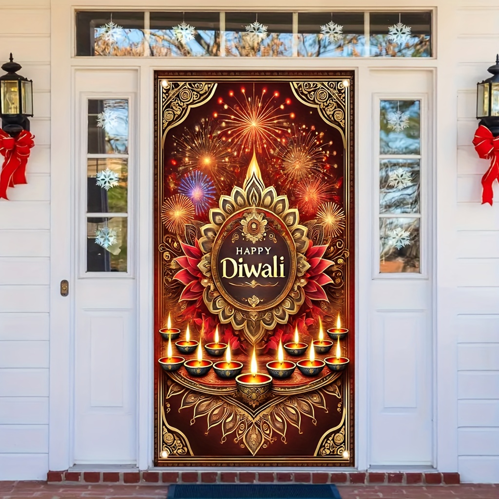 

Happy Diwali Festive Door Banner - 35x70 Inch Polyester Porch Decoration, Vibrant Graphic Design For Home & Party