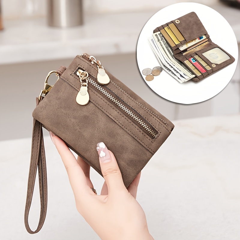 Image of Miyin Women's Vintage Mini Wallet With Wrist Strap - Pocket Book, Zipper Coin Pocket & Card Slots, Id Window, Snap Closure Compact Purse For Cash/cards/id () - Minimalist Handbag For &)