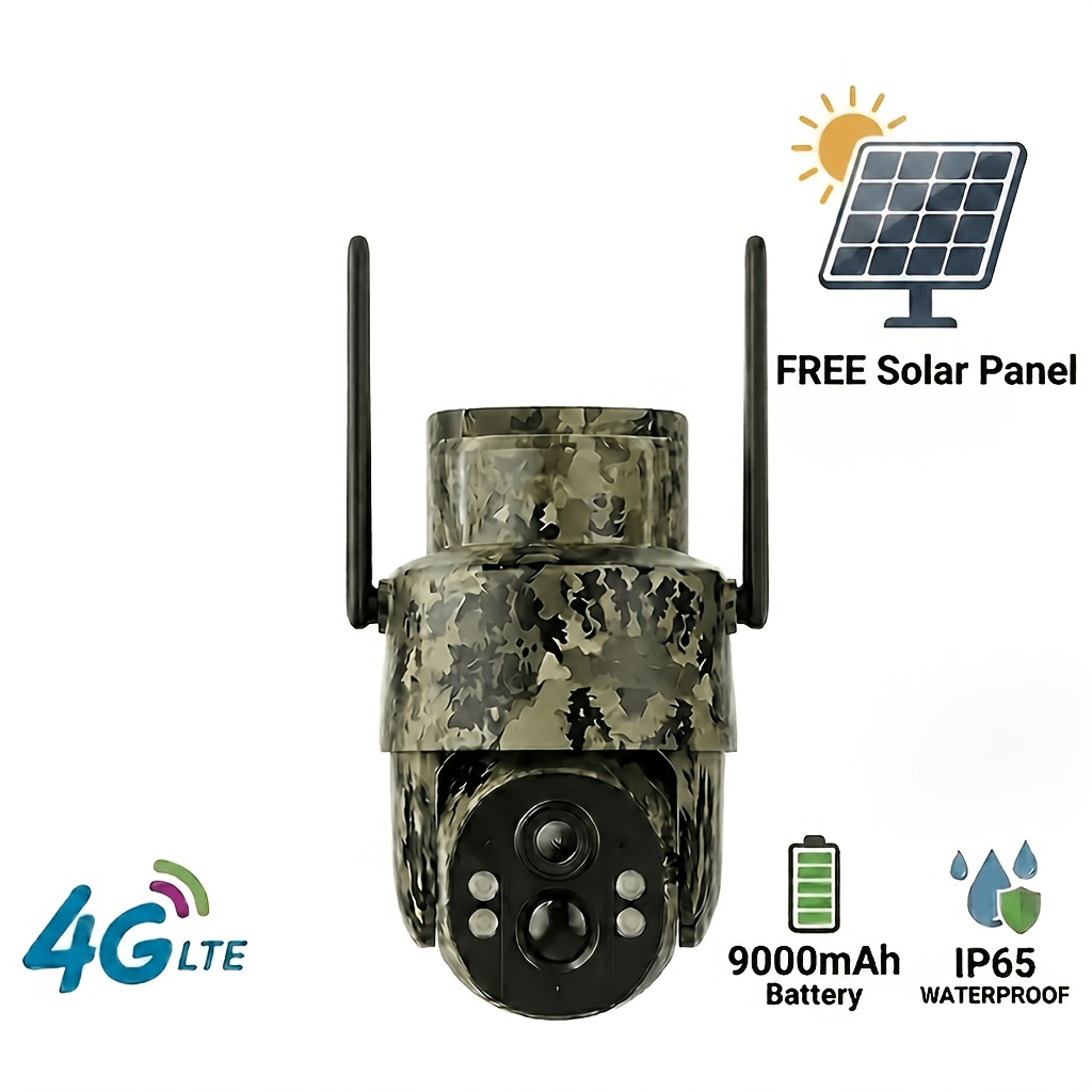 TEMU Camouflage Outdoor Security Camera 4g Lte Solar Powered, Dual Lens 4mp Video, 360° Pan Tilt Zoom 5x, Night Vision, Pir Motion Detection, 9000mah