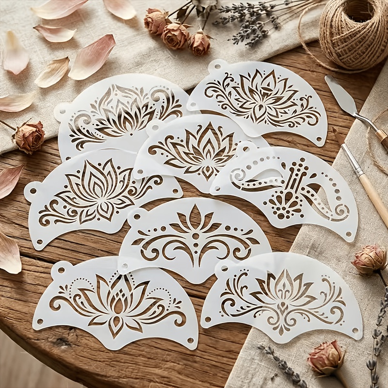 E-shop 8-tlg. Mandala-Blumen-Schablonen für Gesichtsbemalung, 4,72 Zoll * 2,76 Zoll, wiederverwendbar für Lotus-Blumen-Malvorlagen, fächerförmige