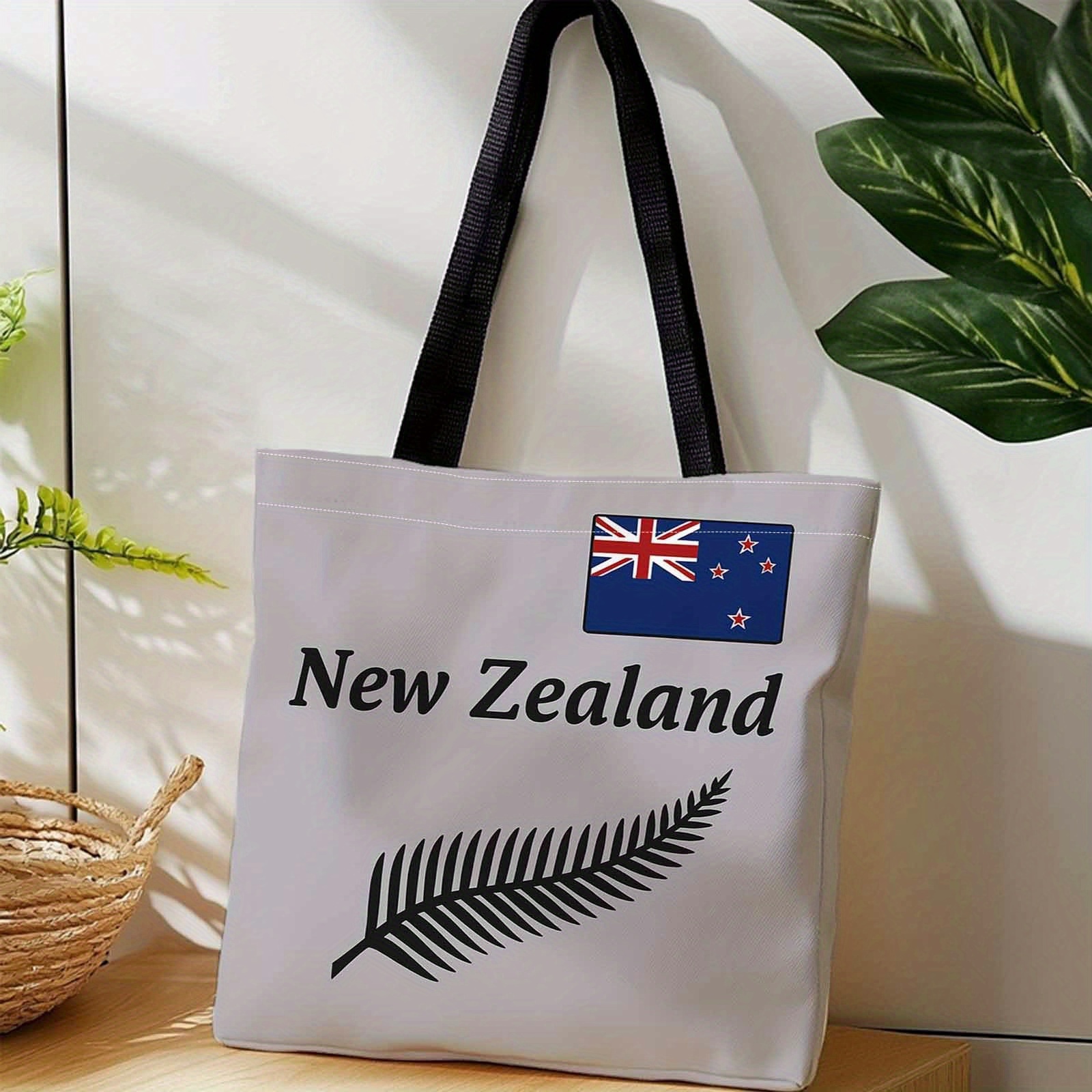 TEMU 1pc A Shopping Bag, A Portable Shoulder And Hand-held Bag Featuring Zealand Flag And Fern, Ideal For Travel, Cosmetics, Holiday Storage, Home