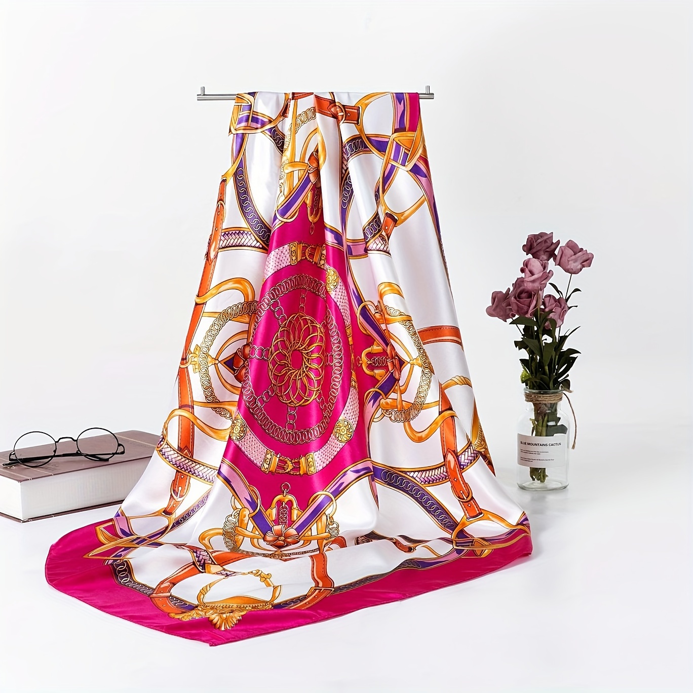 TEMU 35.4 Inch Printed Headscarf Retro Color Block Shawl Square Scarf Headscarf Classic Sunscreen Travel Beach