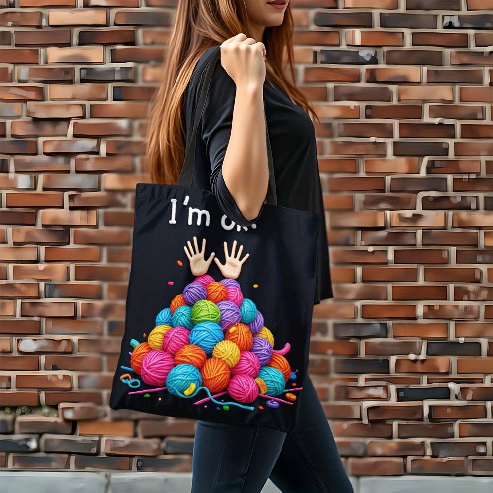 TEMU 1pc Handmade Double-sided Yarn-themed Tote Bag Suitable For Knitting & Crochet Enthusiasts, Bag With Multicolor Geometric Yarn Print, Travel