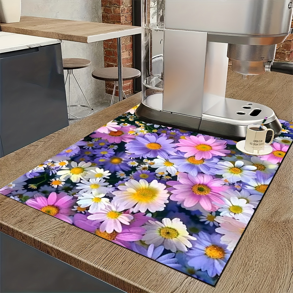 

Dish Drying Mat 1pc - Polyester Absorbent Kitchen Countertop Pad With Daisy Print - Multipurpose Coffee Machine, Sink, Bathroom Accessories Water Absorption Mat