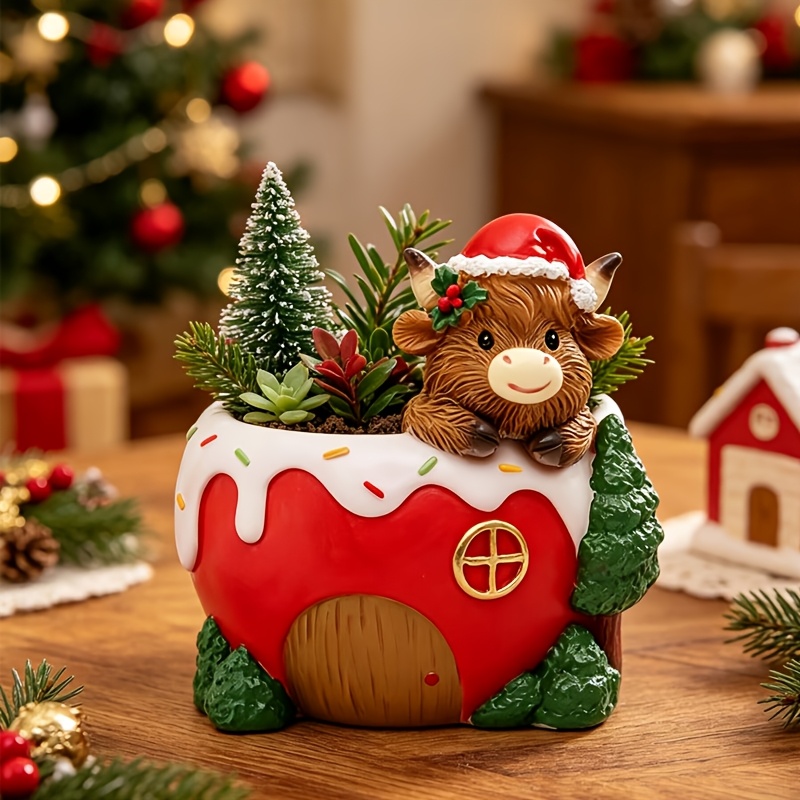 TEMU 1pc Rustic Highland Cow Planter Sculpture, Creative Cottage Design, Multi-succulent Plant Box And Small Flower Pot, Christmas Indoor Home Decor