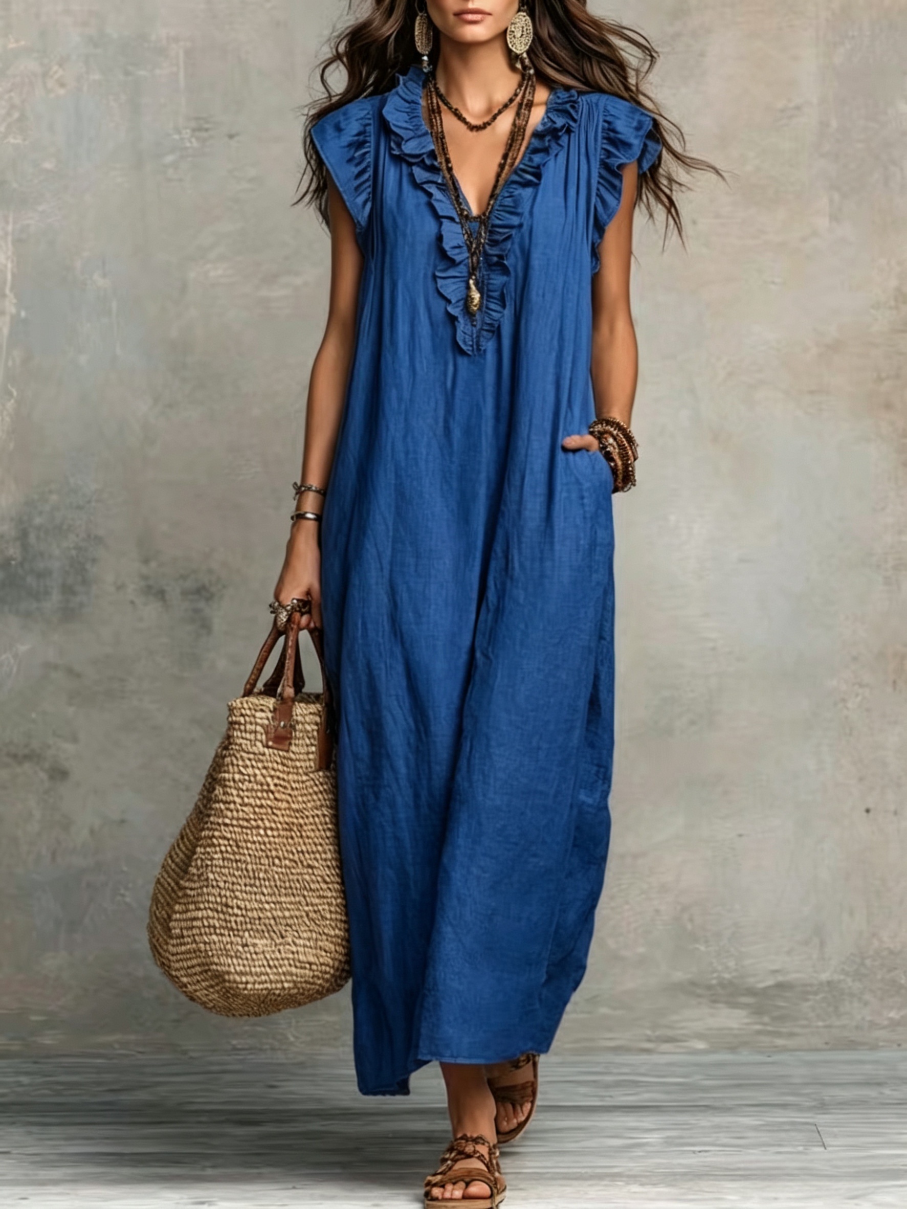imagen del artículo   vestido elegante casual de vacaciones para mujer, estilo bohemio,   con volantes, bolsillos, vestido largo   con volantes, cuello  , vestido largo   para uso  