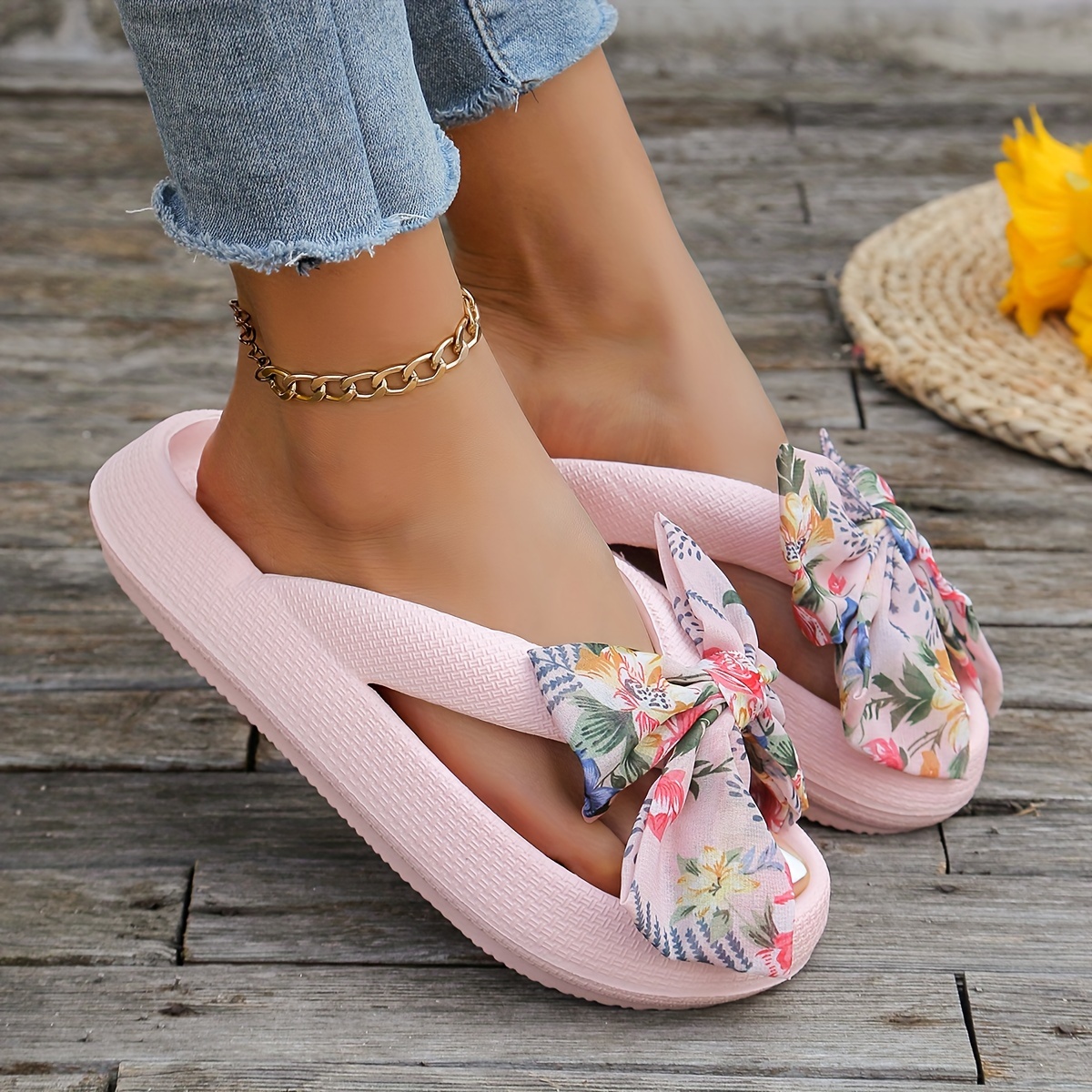 womens solid color eva flip flops platform soft sole slip on floral bowknot decor slides non slip beach slides Product details 2