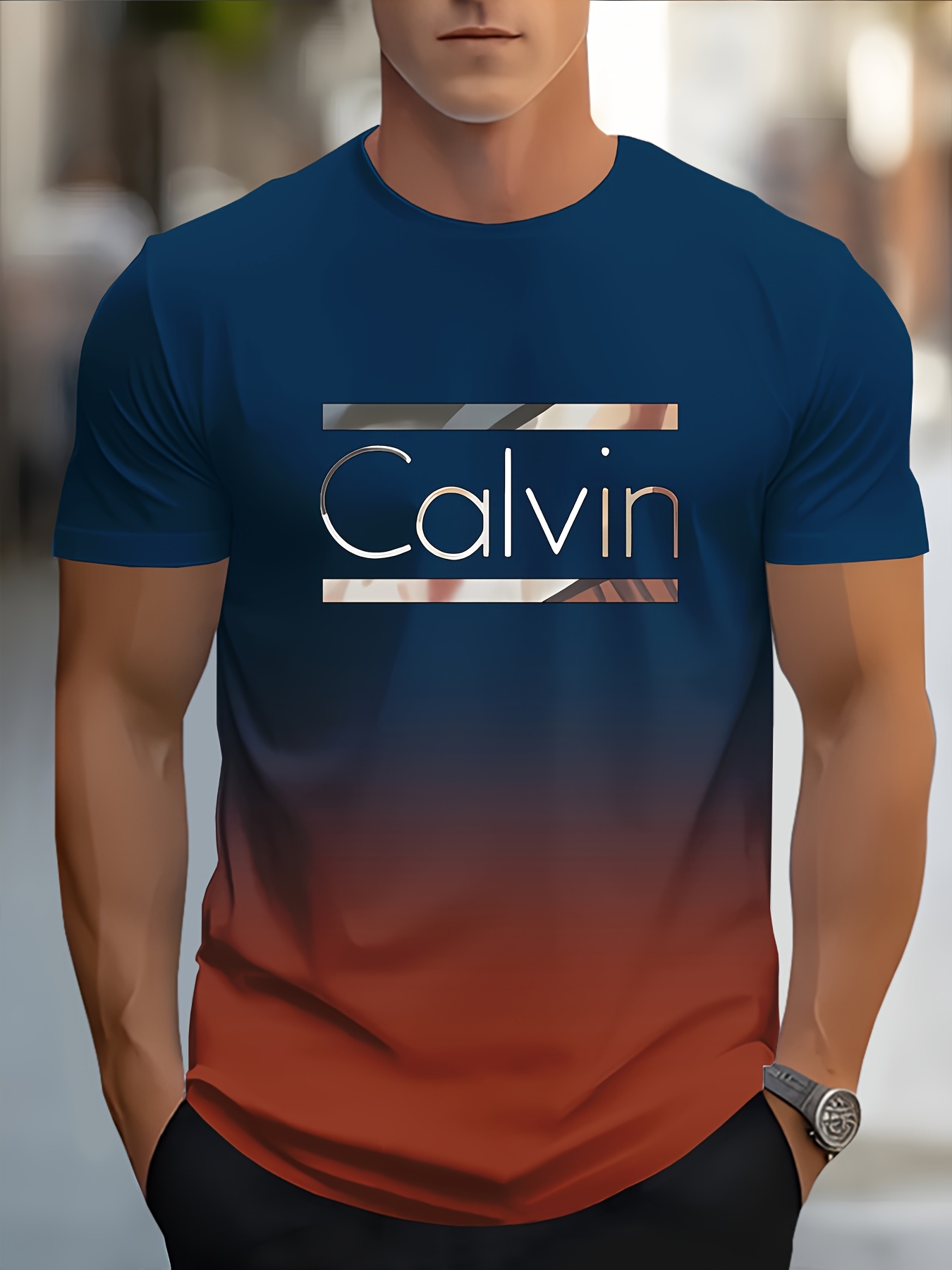 Men'S Casual Short Sleeve T-Shirt with Bold CALVIN Monogram Print - Blue & White Gradient Design, Regular Fit Round Neck, Machine Washable for Casual Attire, Summer Apparel, Modern Fashion, Comfortable Fabric, Graphic Tee, Streetwear Style