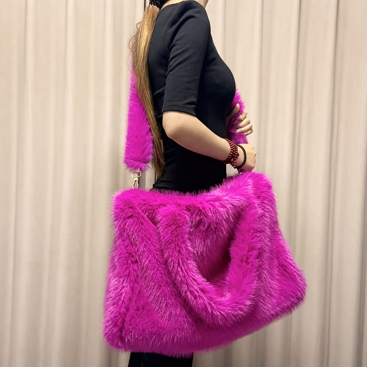 Faux Fox Fur Tote Bag with Long Strap, Large Capacity Handbag
