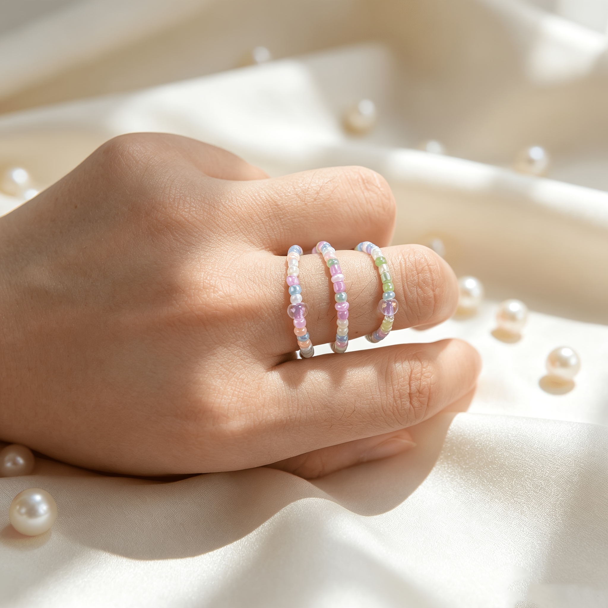 Iridescent Glass Bead Elastic Ring, Colorful Toe & Finger Ring