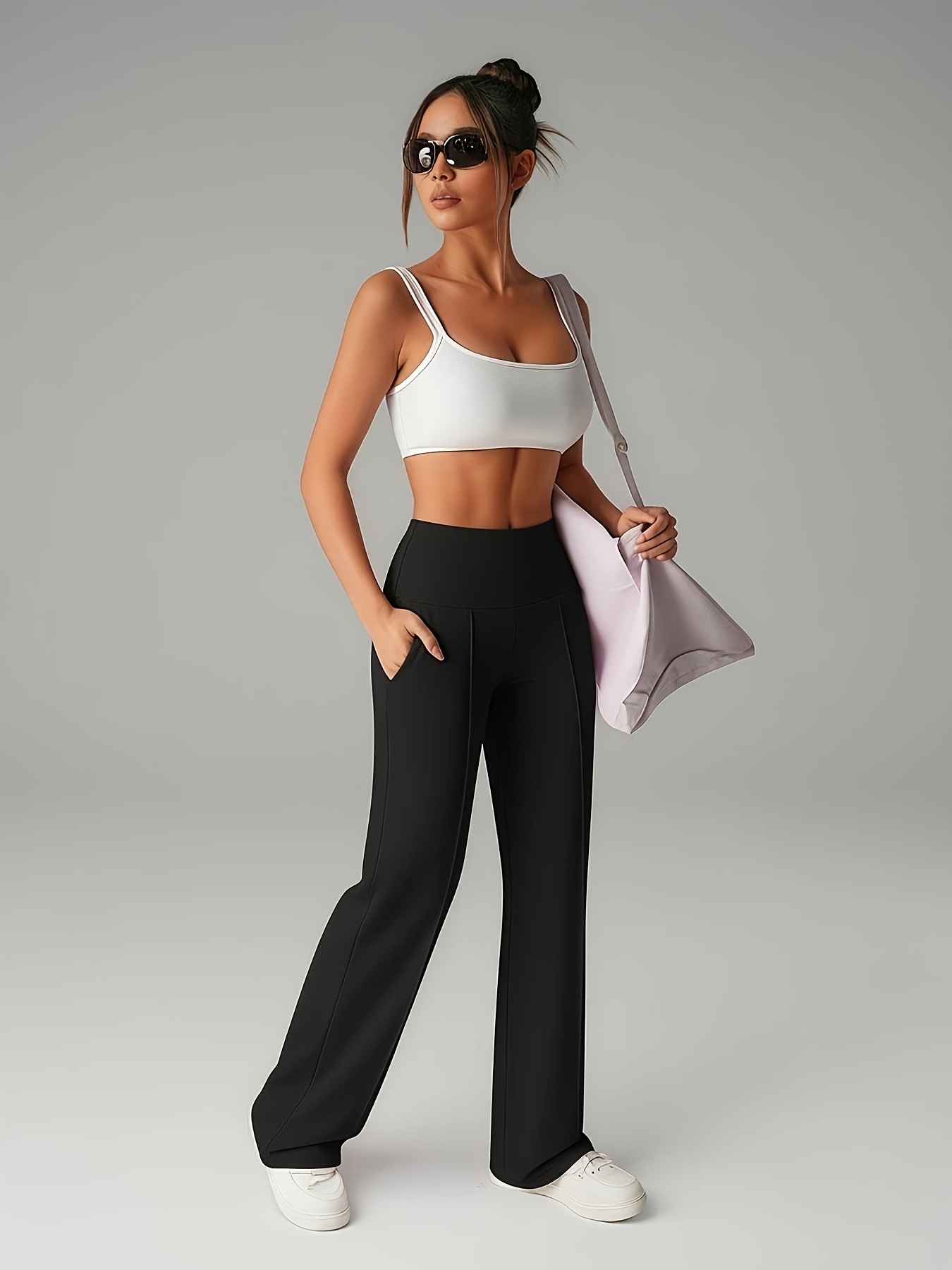 Women'S Leggings, 1pc Straight Wide-Leg Pants, Athletic Quick-Dry Yoga Pants with Pockets, Commuter-Friendly Yoga Trousers, Stretch Athletic Pants High-Waist Leggings, Slight Flared Skinny Pants