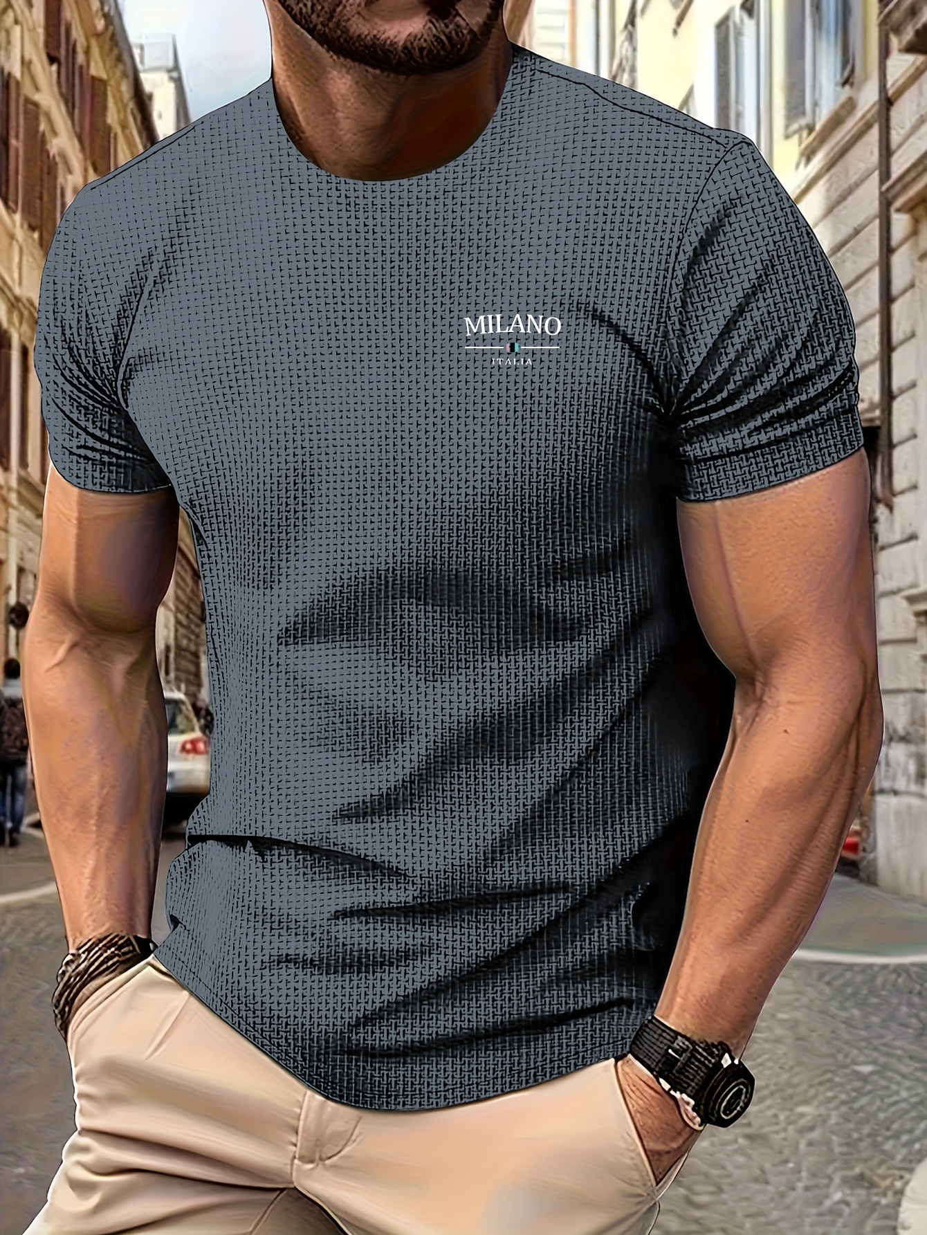 Men's Milan Print Short Sleeve Crew Neck T-Shirt, Breathable Nylon Blend, Comfortable Casual Top for Summer Outdoor Activities & Tennis Training