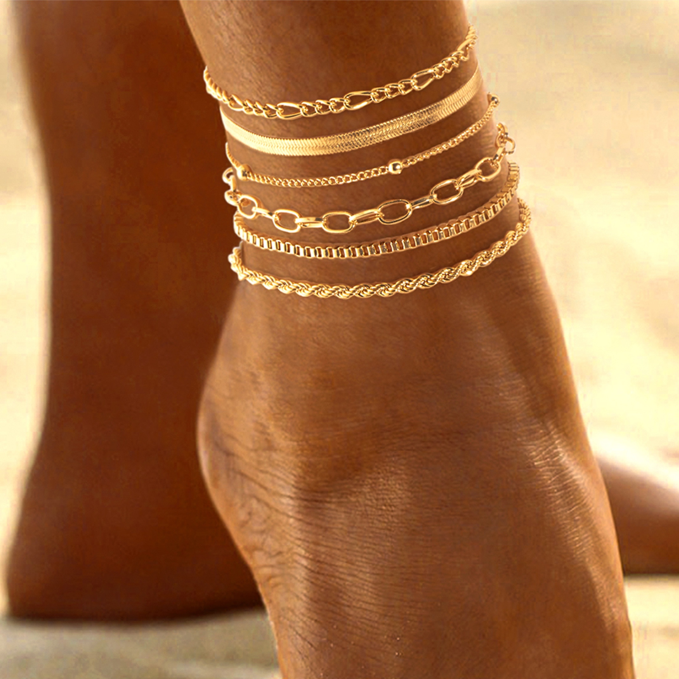 

Boho & Simply Style, Combination Set, Minimalist And Exquisite Style, Golden Copper Chain Anklets, Fashion Unique Accessory For Daily Wear, Idea Gift For Ladies