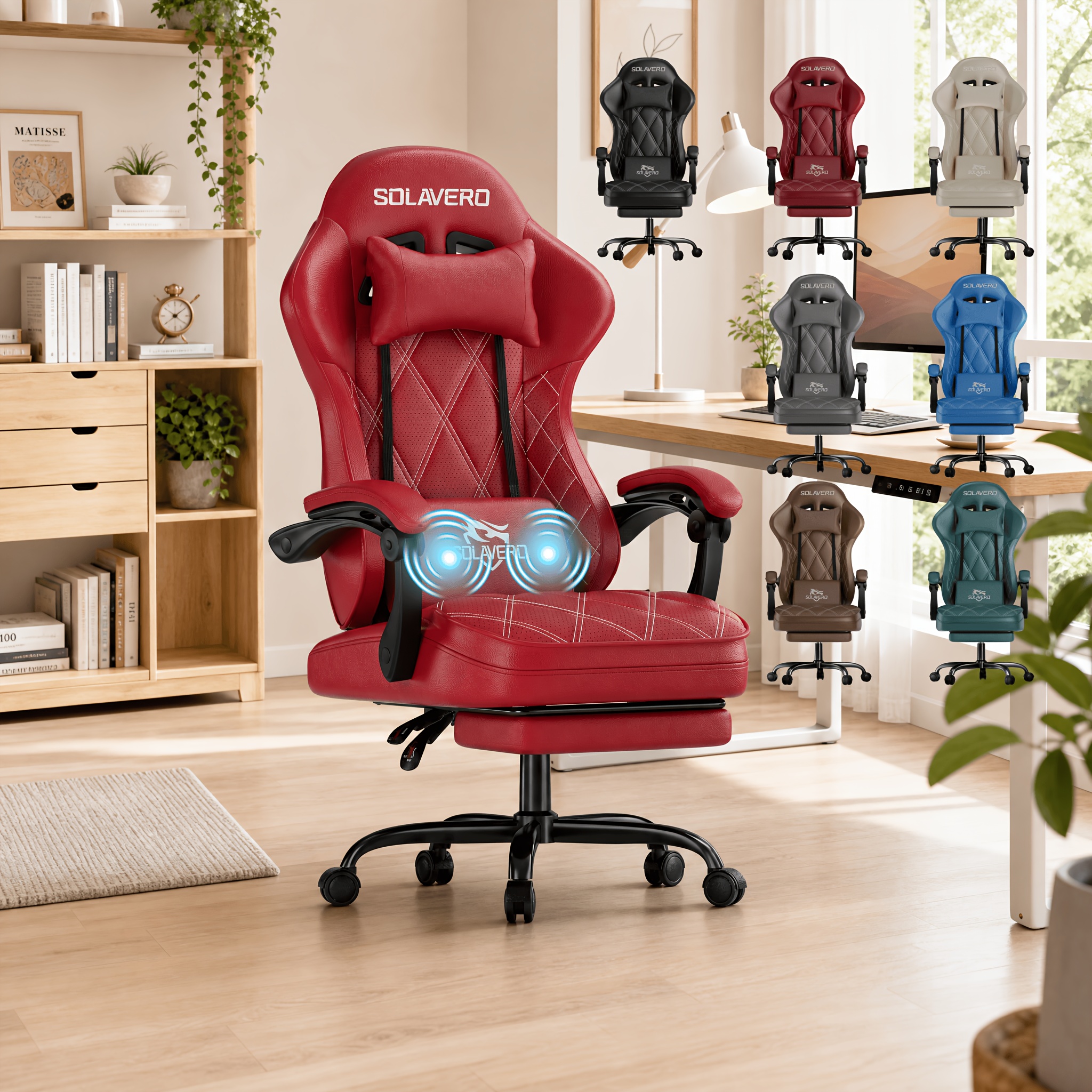 Gaming Chair, Ergonomic Video Game Seat With & Lumbar Massage, Computer Chair Pvc Leather Cushion For Adult Home/office Use