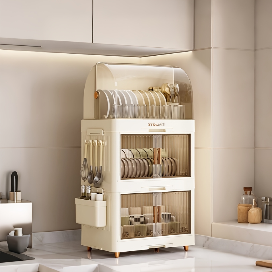 double layer dish storage rack with lids large capacity dustproof kitchen organizer acrylic plastic pvc construction classic freestanding design for utensils plates bowls freestanding rack transparent lid acrylic construction