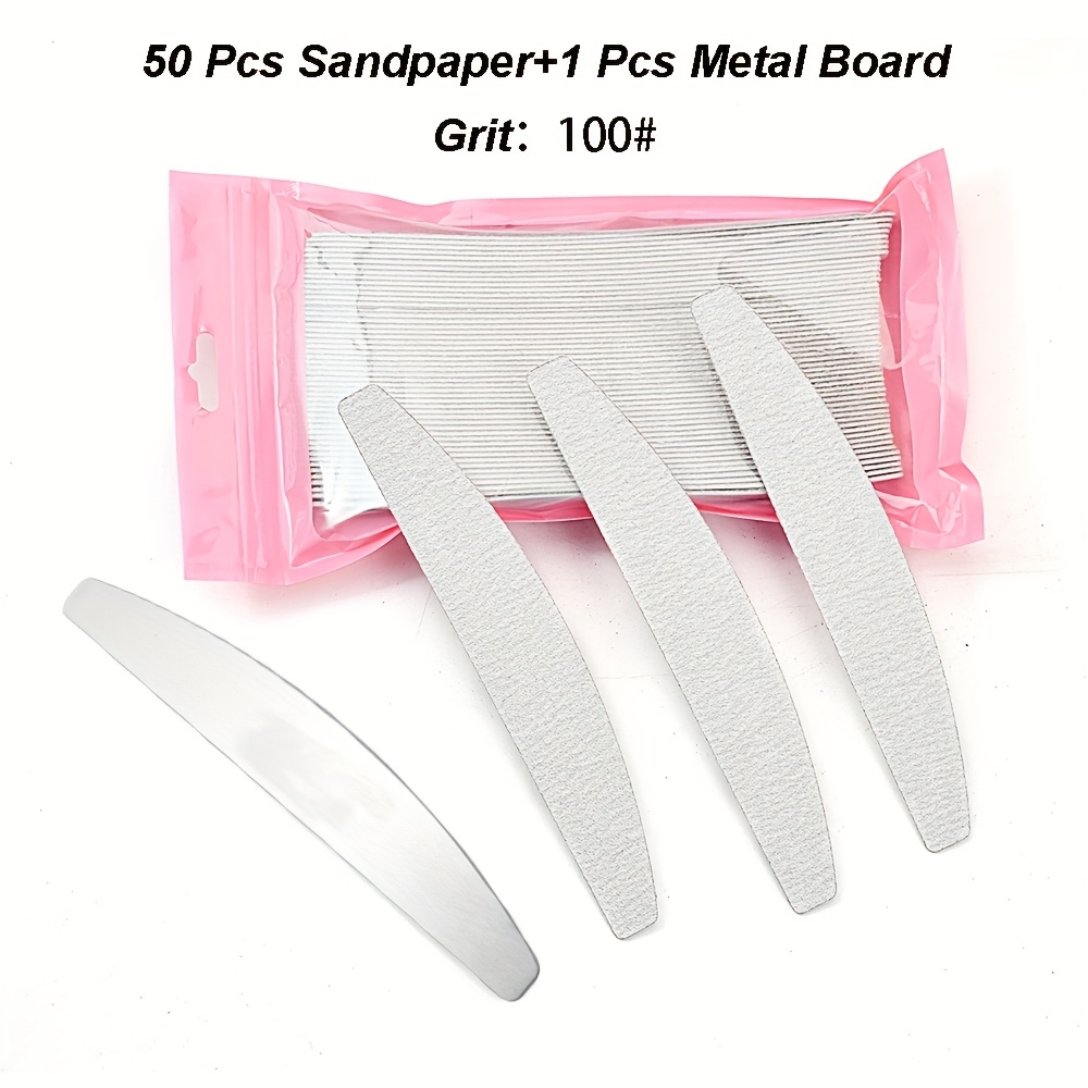 Image of 50pcs Half Moon Removable Sandpaper Nail File With Steel Handle 80# 100# 180# 240# Metal Replacement Files Pads Disposable Manicure