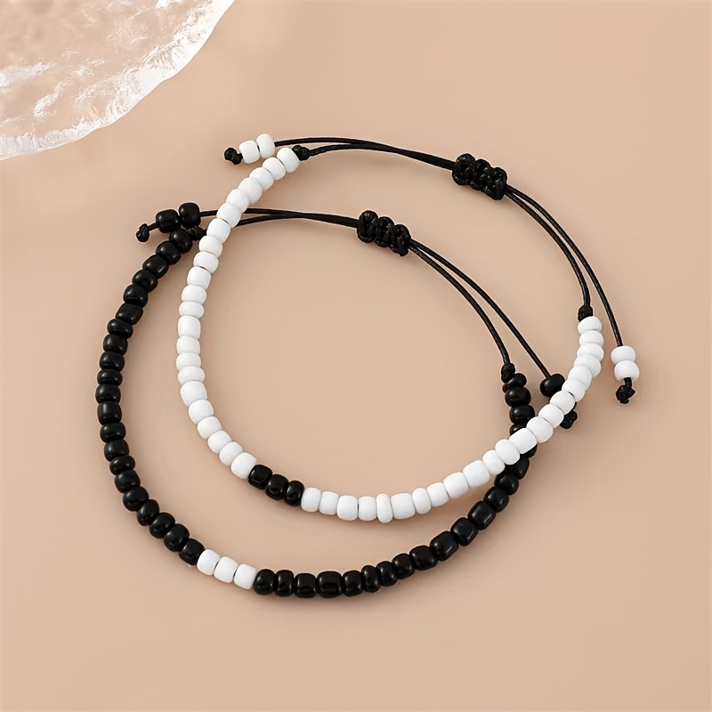 And White Mixed Rice Bead Bracelet, Simple Vintage Woven Friendship Couple Bracelet