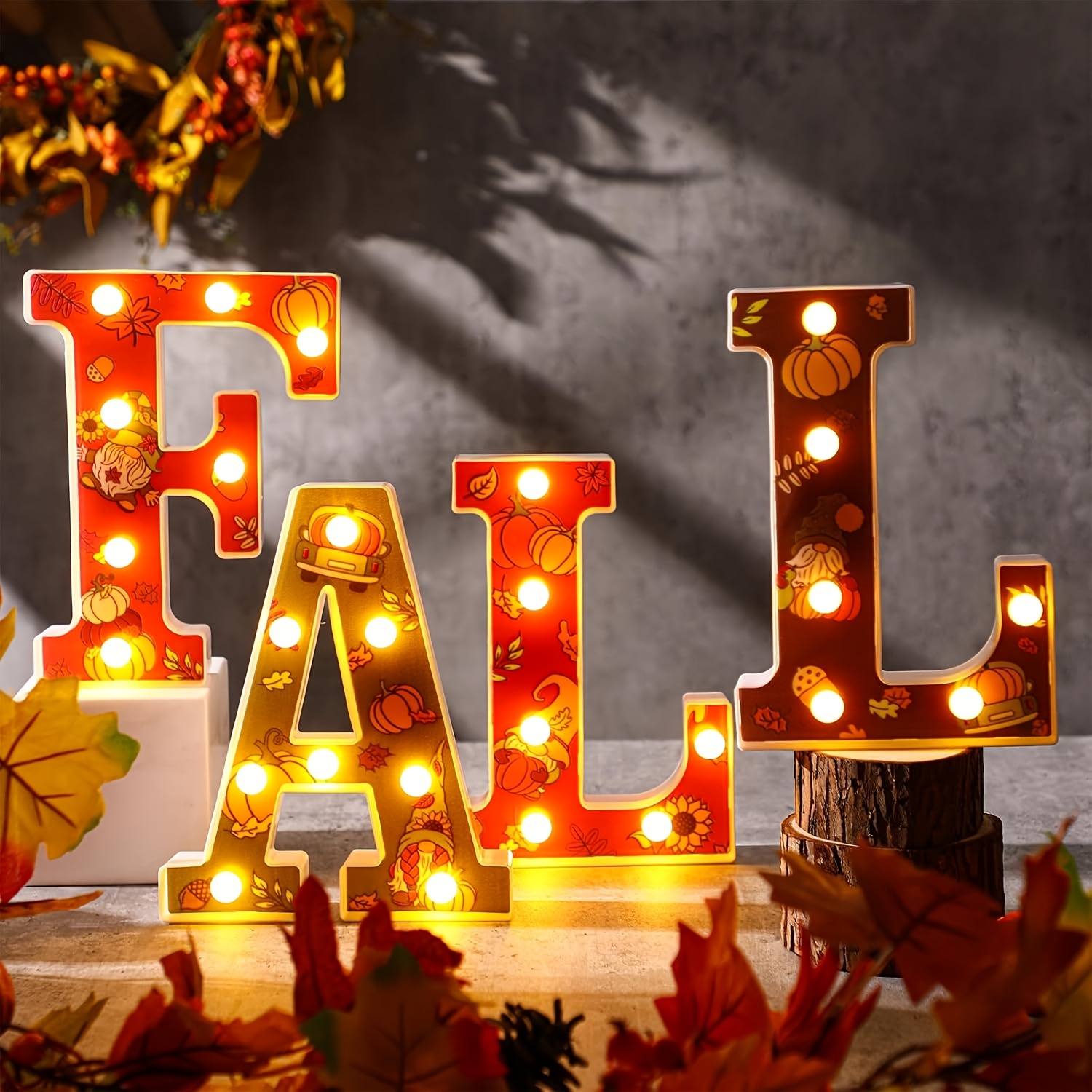 TEMU 4pcs, Fall Family Autumn Decorative Plaques And Ornaments - Led Lampshade Lights Up Autumn Letter Signs, Indoor Thanksgiving Supplies (battery Operated, Batteries Not Included)