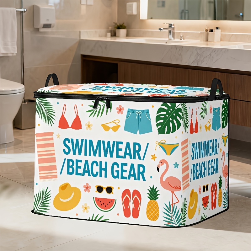 TEMU Soft Fabric Tropical Style Printed Swimsuit And Beach Gear Storage Box, Fresh And Scheme, Design, Suitable For Summer Beach Trips, Parties, And