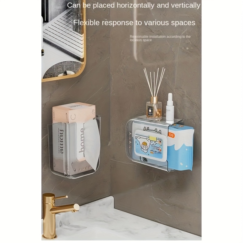   no drill self   luxury square plastic tissue holder strong load bearing clear modern wall mounted bathroom storage box with large opening for face towels wet wipes home commercial use towel holder for bathroom     mount minimalist style durable construction office bathrooms Product details 2