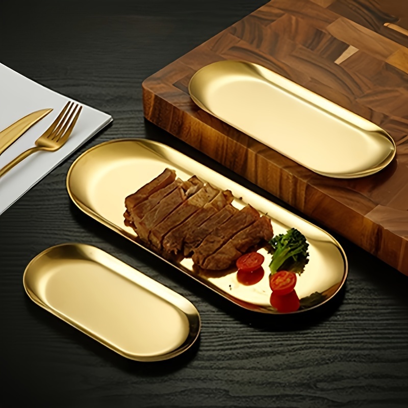 

1pc Oval Stainless Steel Serving Platter, , Dessert Tray, Steak Plate, Grill Dish, Seamless Design, Elegant Presentation, Snack Tray, Ideal For Restaurant & Home Use