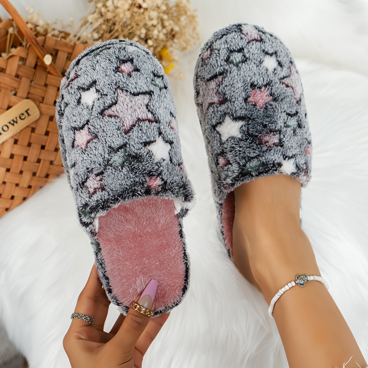 

Women's Star Pattern Fleece Slippers, Cozy Warm Indoor Home Couple's Slip-resistant Fluffy Slides, Fabric Upper & Inner, Tpr Sole, Hand Washable - Autumn/